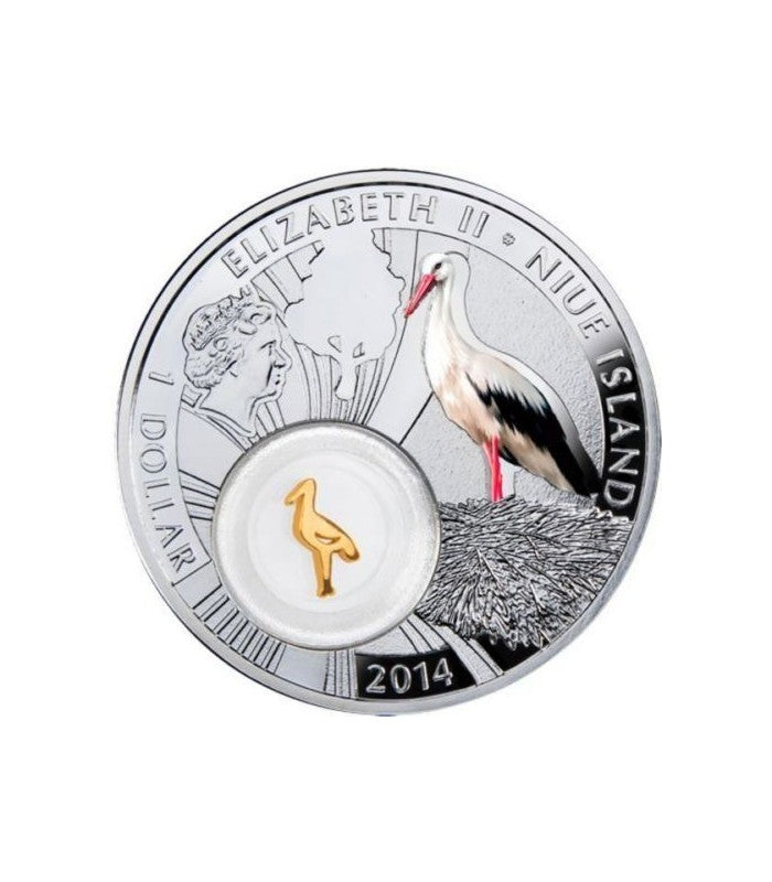 2014 Niue Stork Symbols of Luck w/ 24k Gold Plated Insert 1/2oz .999 Silver Coin