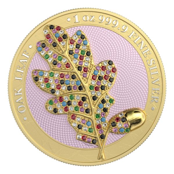 Germania 2019 5 Mark Bejeweled Oak Leaf  Yellow  1 Oz Silver Coin