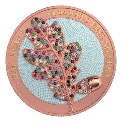 Germania 2019 5 Mark Bejeweled Oak Leaf  Pink 1 Oz Silver Coin