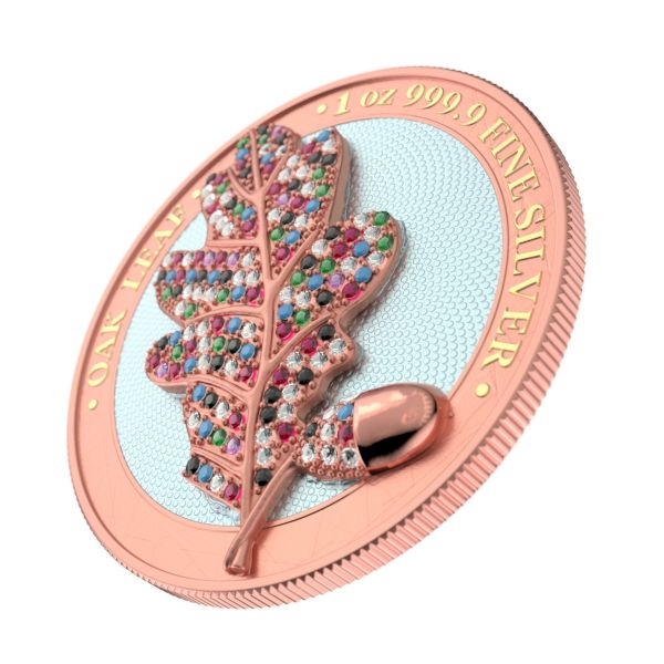 Germania 2019 5 Mark Bejeweled Oak Leaf  Pink 1 Oz Silver Coin