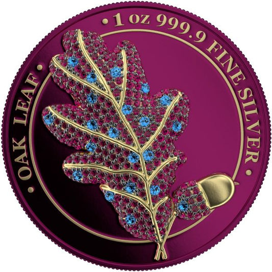 Germania 2019 5 Mark  Bejeweled Oak Leaf 1 Oz 999.9 Fine Proof Silver Coin
