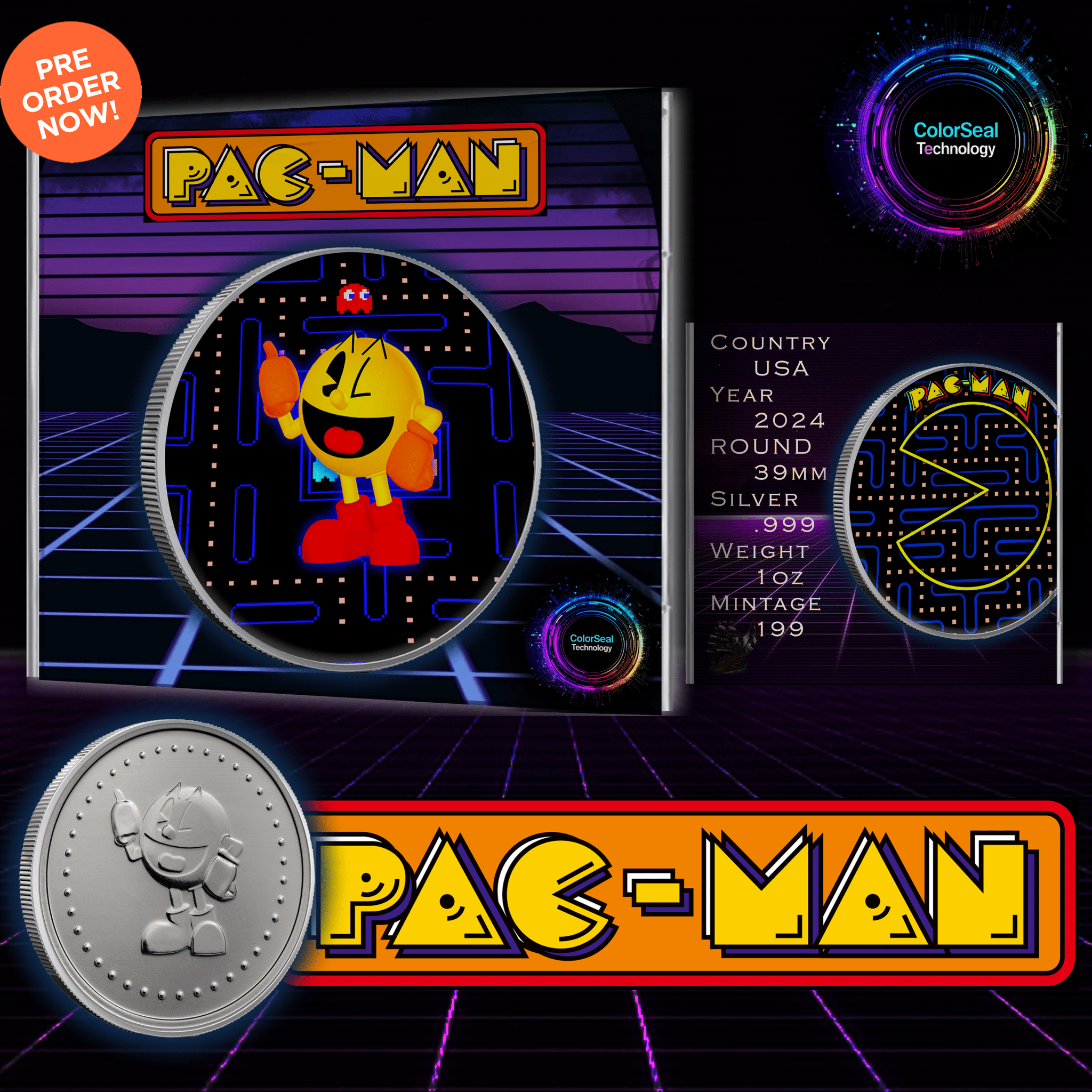 Pac - Man 1oz .999 Silver Game Token Medal Colorized Limited Release Presale - Captain’s Chest Bullion