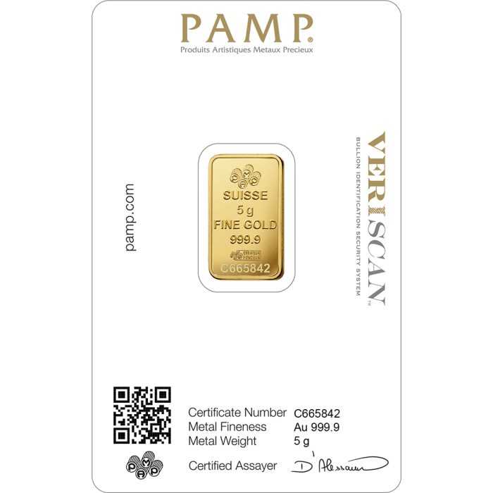 5 gram Pamp Suisse - Lady Fortuna with Veriscan .9999 Gold Bar (In Assay)