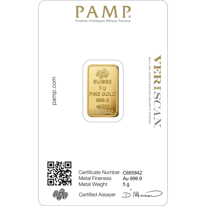 5 gram Pamp Suisse - Lady Fortuna with Veriscan .9999 Gold Bar (In Assay)