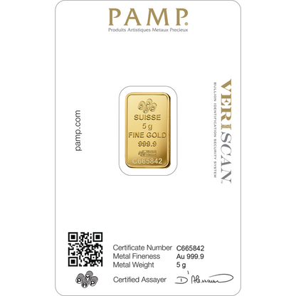 5 gram Pamp Suisse - Lady Fortuna with Veriscan .9999 Gold Bar (In Assay)