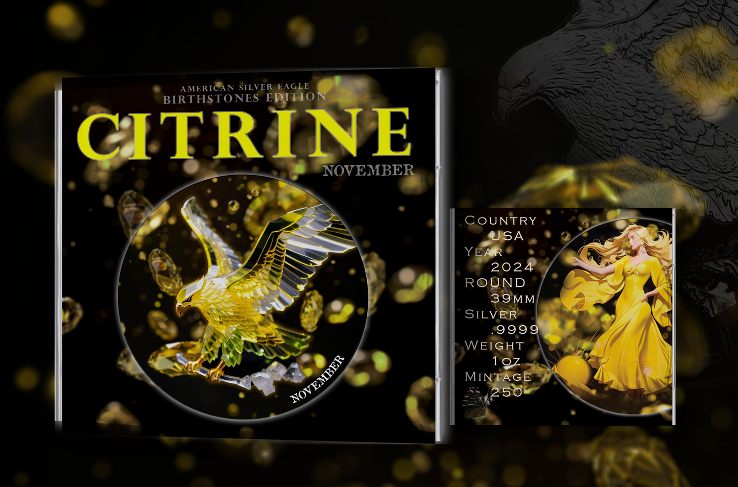 2024 Silver Eagle .999 1oz Silver Coin Colorized November Citrine Gemstone Presale