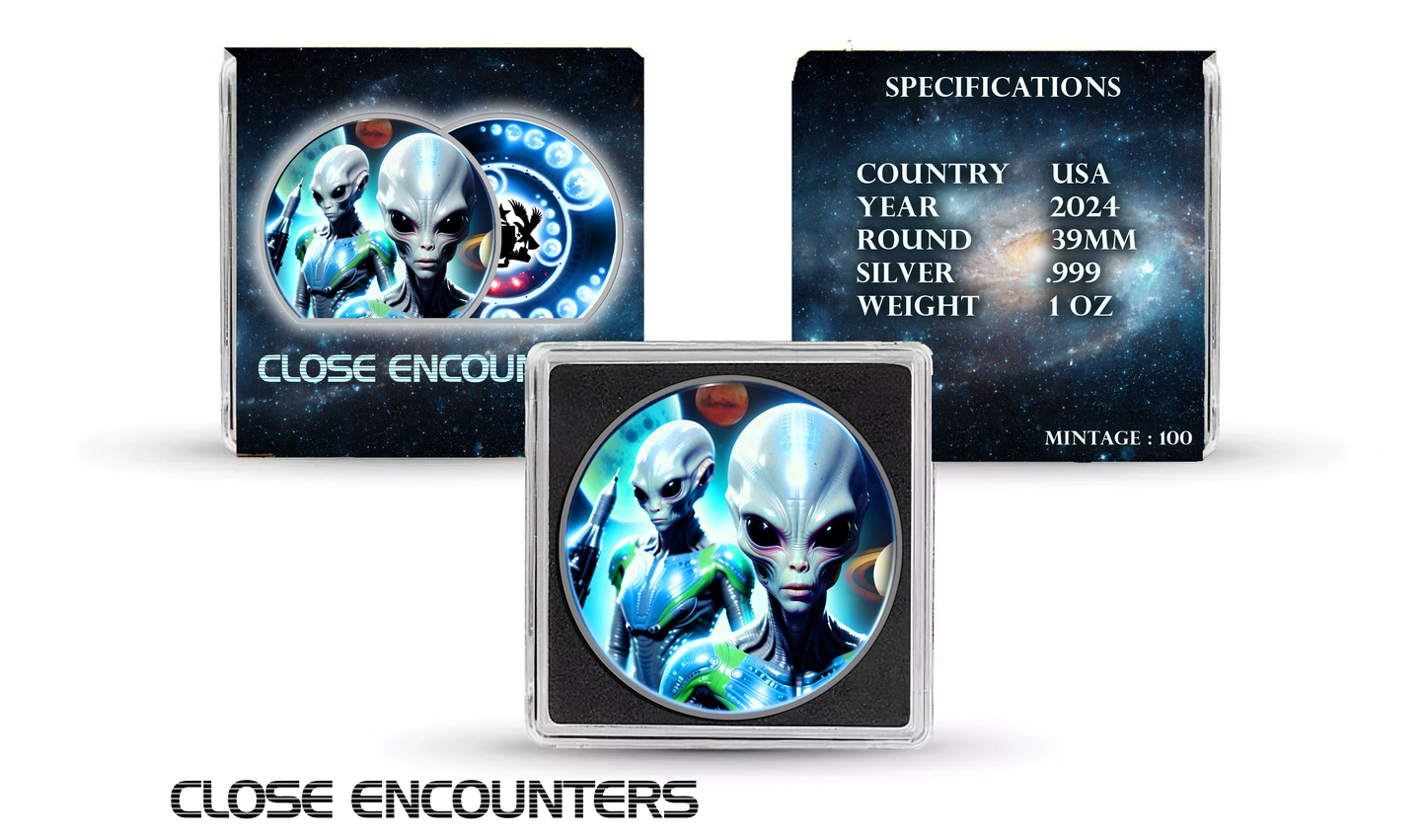 New Ghana Aliens Enhanced and Colorized "Close Encounters" .999 Silver 1oz Coin