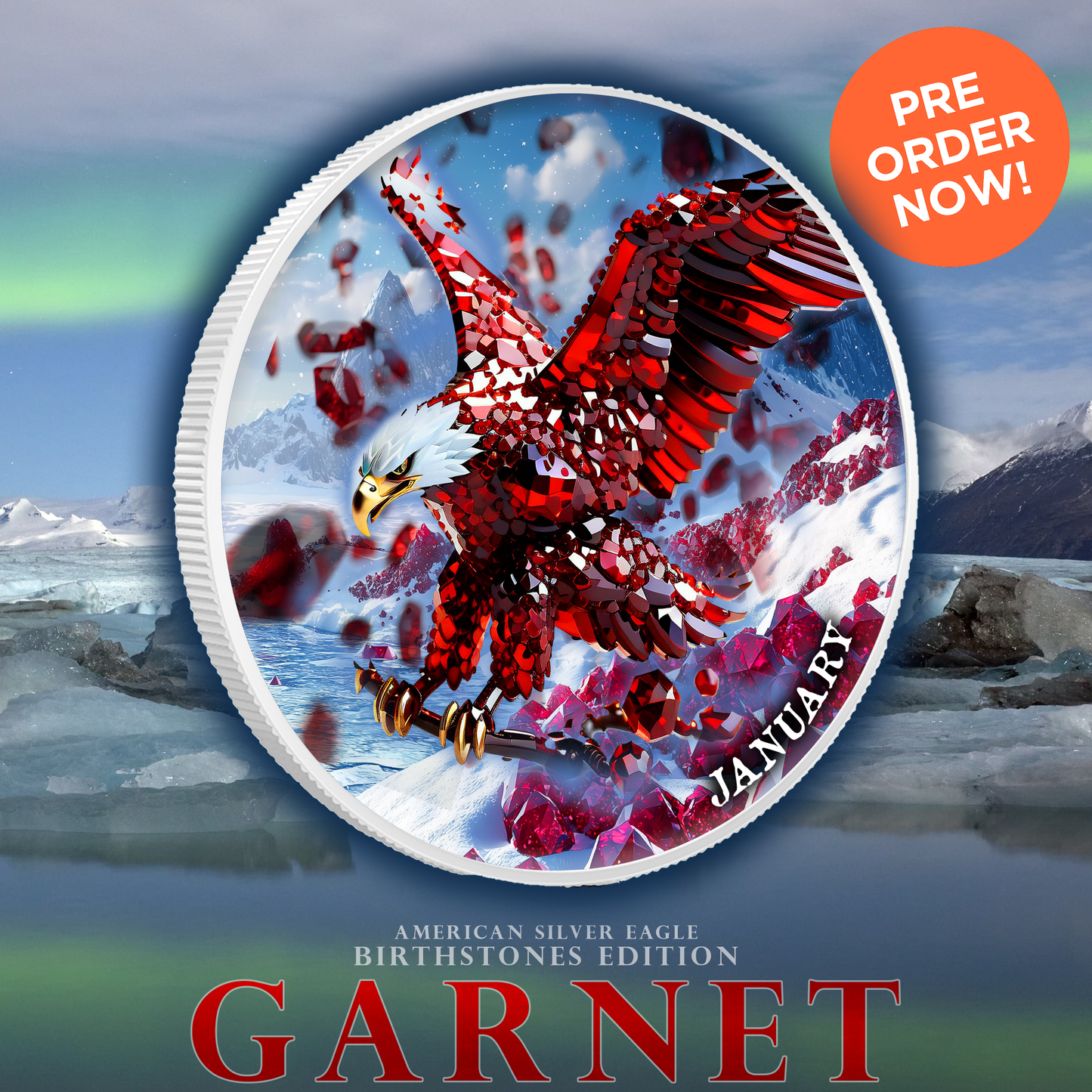 2024 Silver Eagle Month Series January (Garnet Stones) .999 1oz Silver Coin