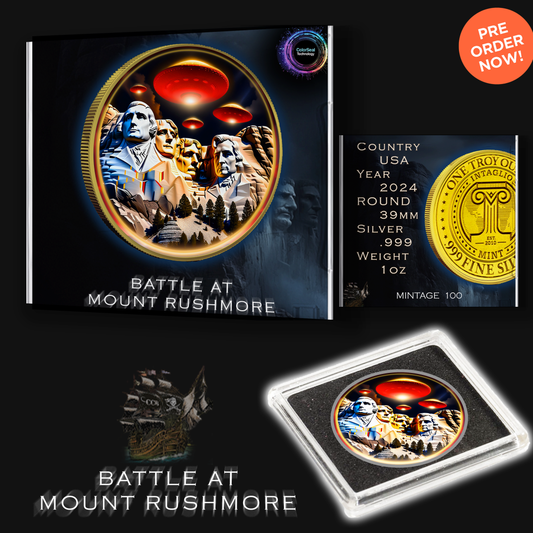 Intaglio Colorized Battle at Mount Rushmore 1oz Gold Gilded Silver Medal .999 Silver