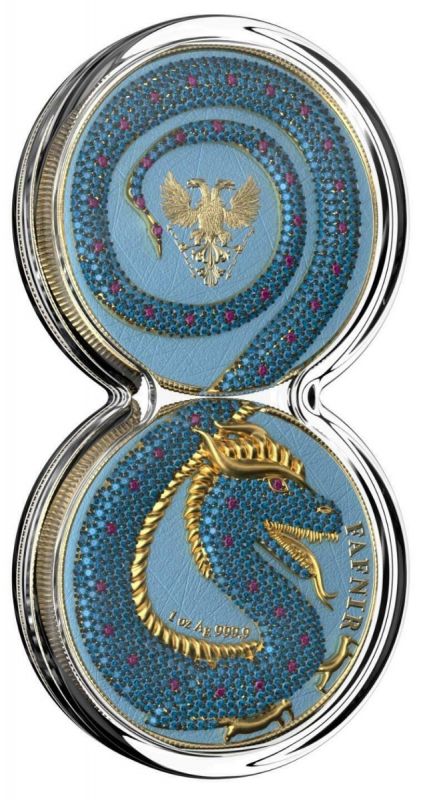 Germania 2020 2 by 5 Mark Fafnir Set  Pink Blue Crystals 2 by 1 Oz Silver Coins