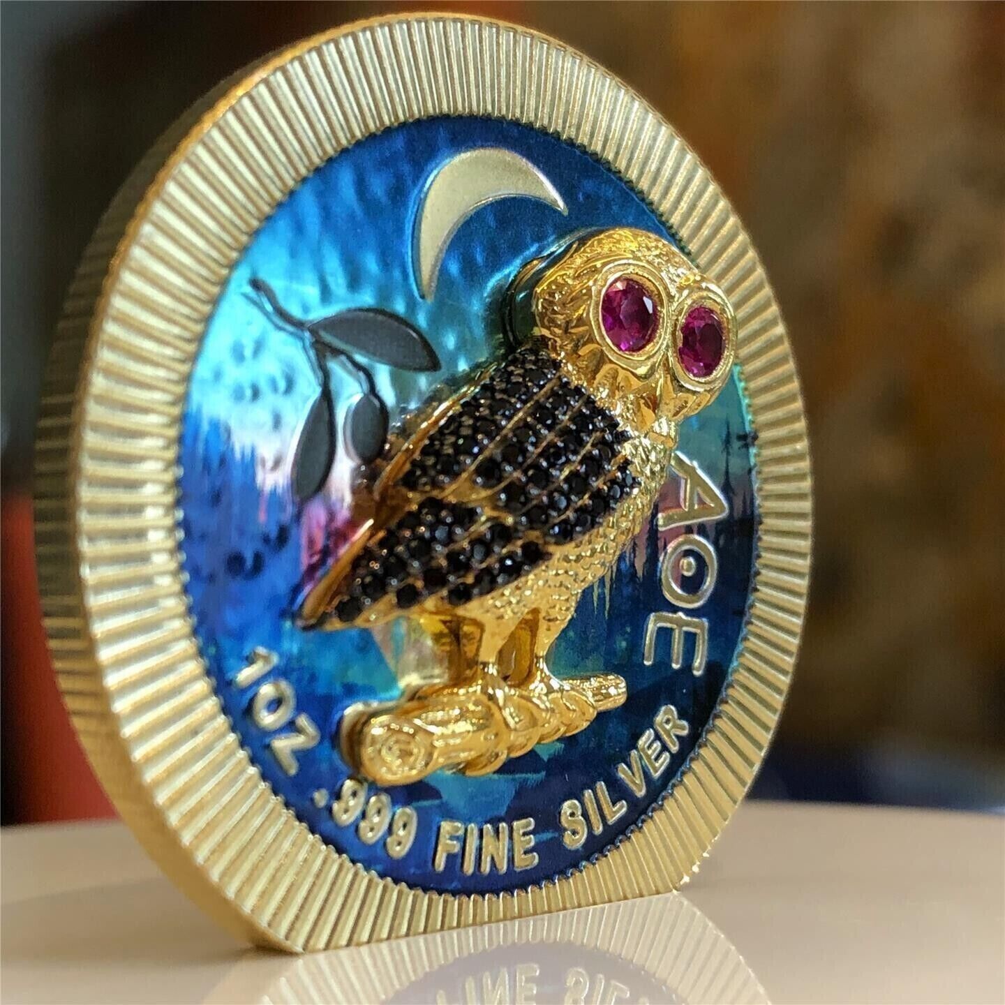 Niue 2021 2$ Athenian Owl Forest in Gold 1Oz Silver Coin Swarovski Crystals