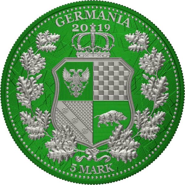 Germania 2019 5 Mark Columbia and Germania i Color  Forest Green 1 Oz Silver Coin