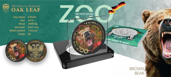 Germania 2019 5 Mark The Oak Leaf  Zoo Series  Bear 1 Oz Silver Coin