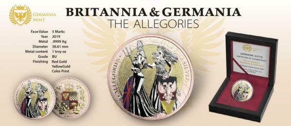 2019 Germania- The Allegories Britannia & Germania- Red Gold, Yellow Gold, & Color 1oz