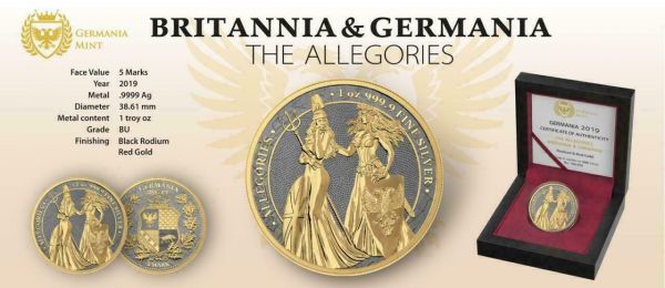 Germania 2019 5 Mark Germania and Britannia Rhodium and Gold 1 Oz Silver Coin
