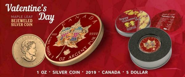 Canada 2019 5usd  Maple Leaf Valentine's Day 1 Oz Bejeweled Silver Coin