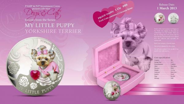 Fiji 2013 2 Dollar Yorkshire Terrier My Little Puppy Dogs and Cats 1 Oz Proof Silver Coin