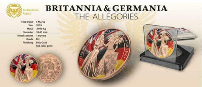 Germania 2019 5 Mark Britannia and Germania Flags Gilded 1Oz Silver Coin