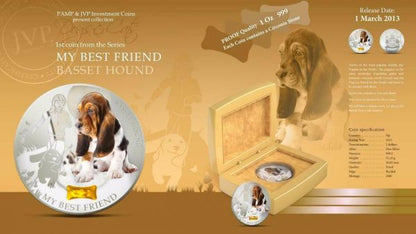 Fiji 2013 2 Dollar BASSET HOUND My Best Friend Dogs and Cats 1 Oz Proof Silver Coin