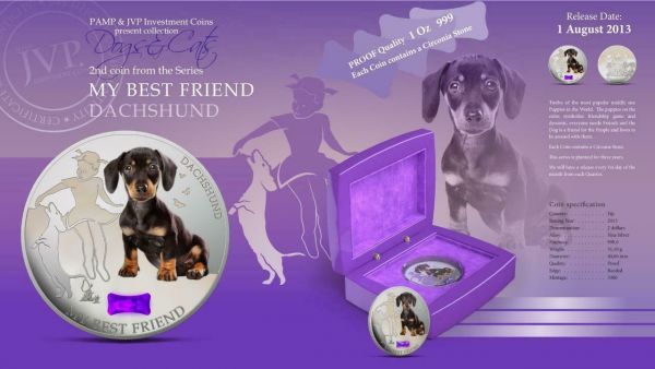 Fiji 2013 2 Dollar Dogs and Cats My Best Friend DACHSHUND 1Oz Silver Coin
