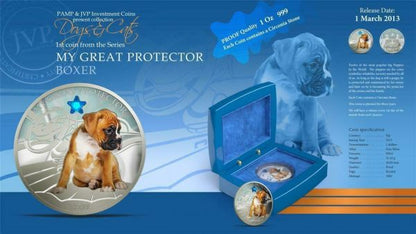 Fiji 2013 2 Dollar My Great Protector The Boxer Dogs and Cats 1Oz Silver Coin