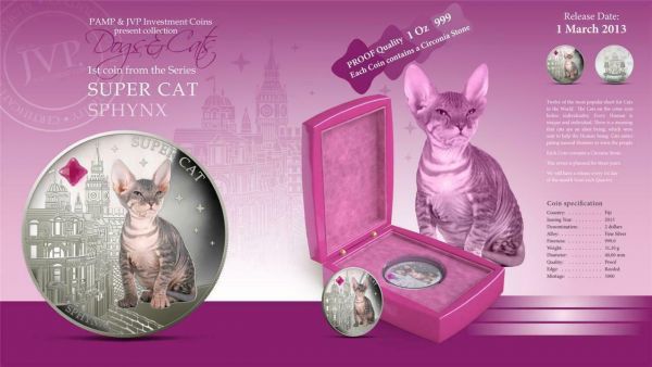 Fiji 2013 2 Dollar Dogs And Cats Super Cat Sphynx 1oz Silver Coin