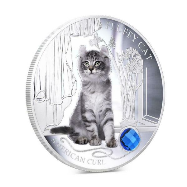 Fiji 2013 2 Dollar Dogs and Cats Fluffy Cat American Curl 1oz Silver Coin