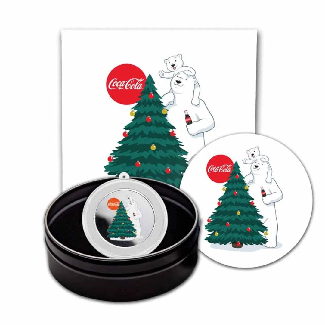 1oz .999 Silver Coca-Cola Polar Bear Round Christmas Ornament Colorizd