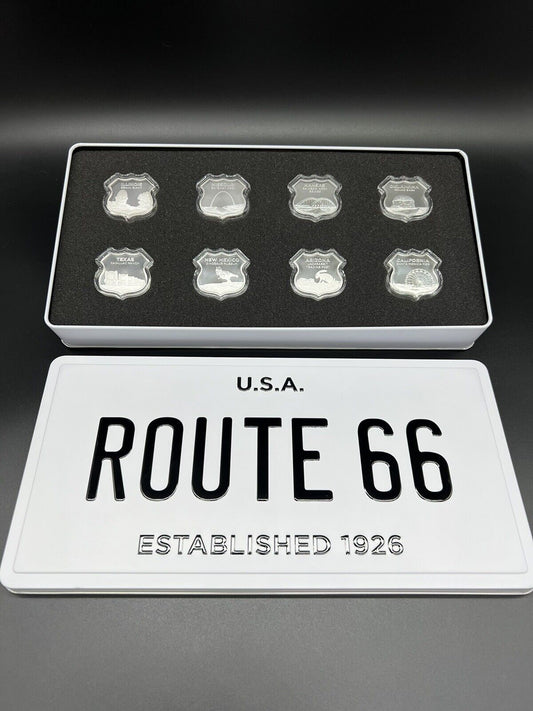 SET OF 8 ICONS OF ROUTE 66 COLLECTION .999 SILVER 1 OZ SHIELDS IN TIN GIFT BOX