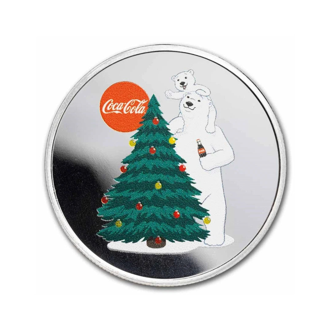 1oz .999 Silver Coca-Cola Polar Bear Round Christmas Ornament Colorizd