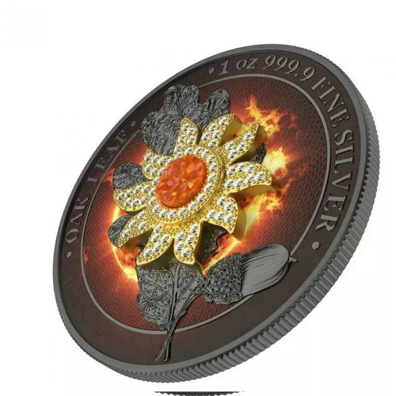 1 oz Germania Oak Leaf Bejeweled Sun Silver Coin – 2019, showcasing the Oak Leaf design with bejeweled sun accents in .999 fine silver.