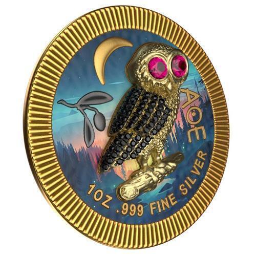 Niue 2021 2$ Athenian Owl Forest in Gold 1Oz Silver Coin Swarovski Crystals