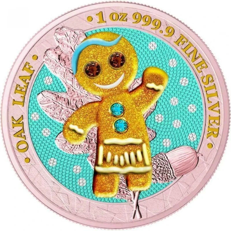 2019 Germania Oak Leaf Bejeweled Gingerbread - Girl coin featuring an intricately detailed gingerbread girl adorned with colorful crystals.