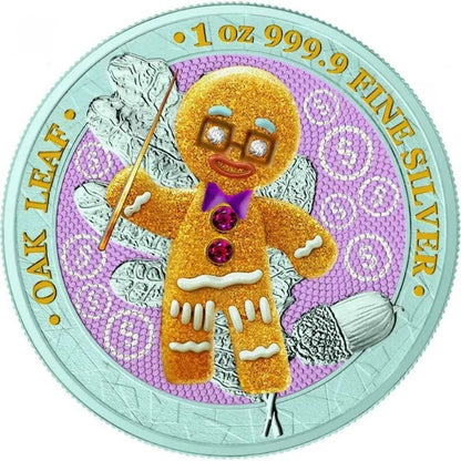 2019 Germania Oak Leaf Bejeweled Gingerbread - Teacher 1 oz silver coin featuring a decorated gingerbread teacher.