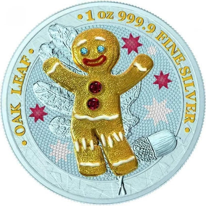 2019 Germania Oak Leaf Bejeweled Gingerbread - Boy coin showcasing a gingerbread boy decorated with vibrant crystals.