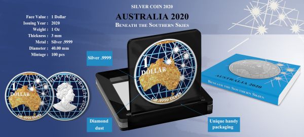 Australia 2020 1USD Beneath the Southern Skies Golden Map 1 Oz Silver Coin