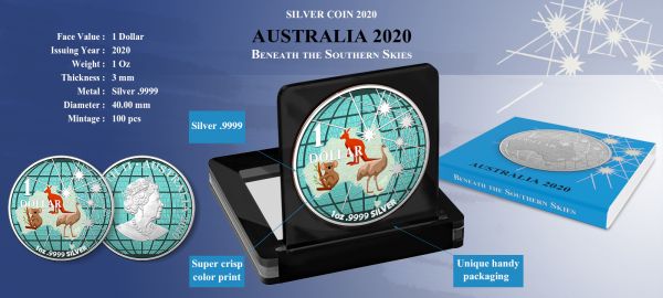 Australia 2020 1USD Beneath the Southern Skies Animals 1 Oz Silver Coin