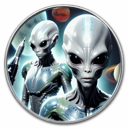 New Ghana Aliens Enhanced and Colorized "Close Encounters" .999 Silver 1oz Coin