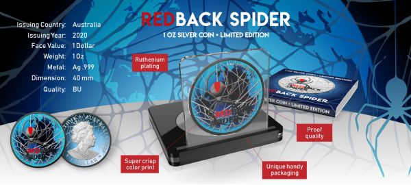 Australia 2020 1USD RedBack Spider World 1 Oz Ruthenium Silver Coin