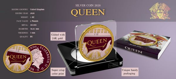 2020 Queen Rock Band Gold Gilded 1 Oz .999 Silver Coin Colorized