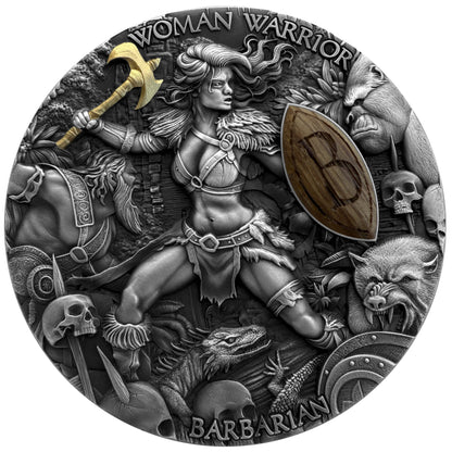 2024 Niue Woman Warrior Barbarian .999 2oz Silver Antique and Wood Coin