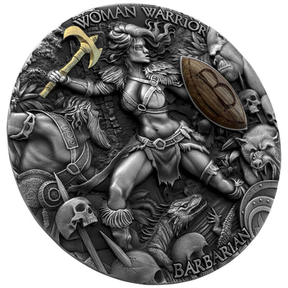 2024 Niue Woman Warrior Barbarian .999 2oz Silver Antique and Wood Coin